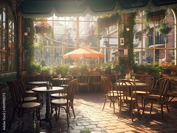 Fototapeta Cozy Summer Terrace Café: Experience the 3D and 4K Magic Inside, with Scenic Views and Outdoor-Inspired Ambiance