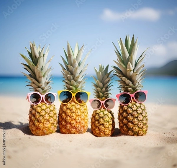 Fototapeta Family of funny attractive pineapples in stylish sunglasses on the sand against turquoise sea. Tropical summer vacation concept. Happy sunny day on the beach of tropical island. Family holiday  