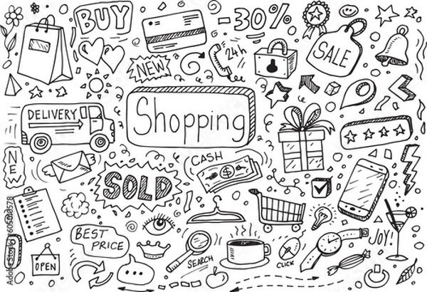 Fototapeta Shopping hand drawn vector doodles, icon set isolated on white background
