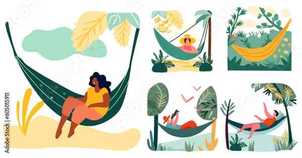 Fototapeta People reclining in shoreline hammocks, basking in the joy of summertime escapes and open-air events. Relishing leisure moments or staying productive in comfortable hanging swings. Vector.