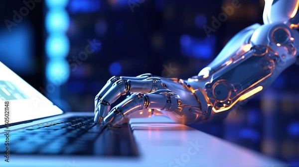 Obraz Robot hand typing on the computer. The concept of artificial intelligence replacing a human in dealing with another human. Ai generative