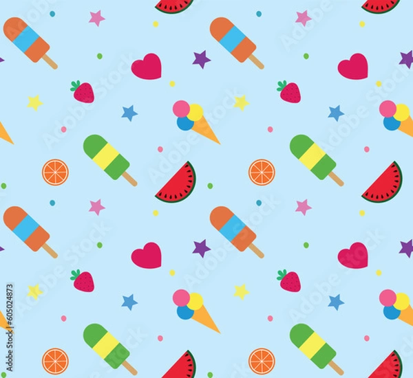Obraz Colorful summer seamless pattern with tropical fruits and ice cream on blue background
