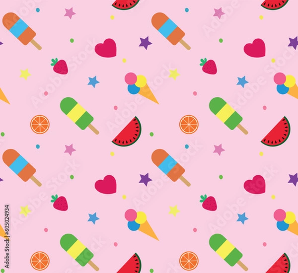 Obraz Colorful summer seamless pattern with tropical fruits and ice cream on pink background