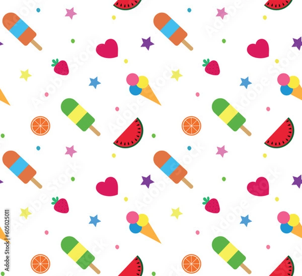 Obraz Colorful summer seamless pattern with tropical fruits and ice cream on white background