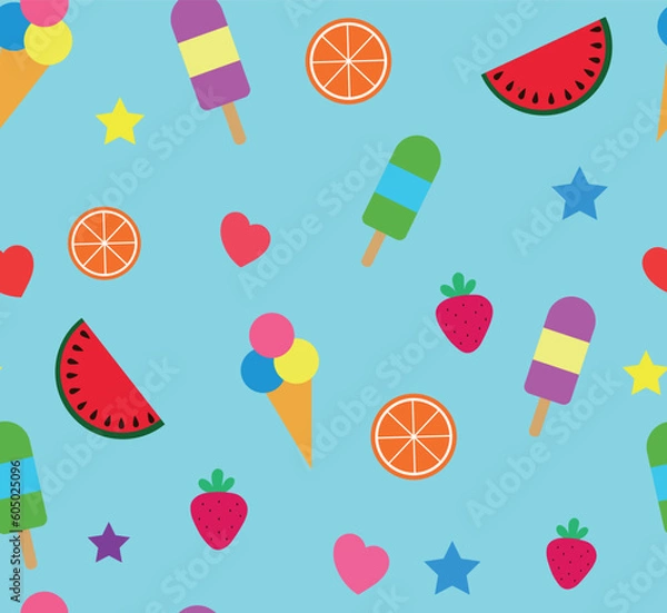 Obraz Colorful summer seamless pattern with tropical fruits and ice cream on blue background