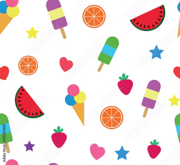 Obraz Colorful summer seamless pattern with tropical fruits and ice cream on white background