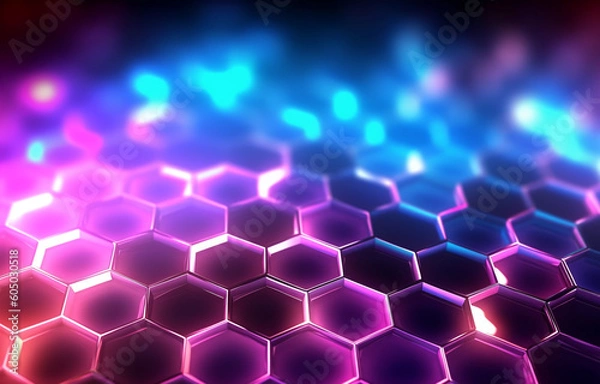 Fototapeta abstract futuristic background with pink blue neon honeycomb wallpaper AI generative technology