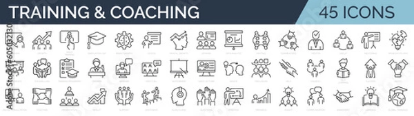 Fototapeta Set of 45 line icons related to training, coaching, mentoring, education, meeting, conference, teamwork. Outline icon collection. Editable stroke. Vector illustration