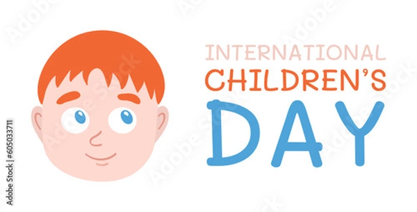 Fototapeta International Children day with the head of a boy with fair skin. Smiling red-haired boy with blue eyes. The little baby is watching. Postcard for the holiday. Vector illustration.