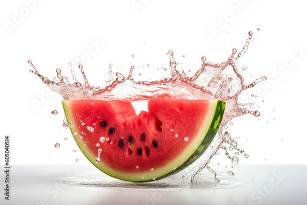 Fototapeta Watermelon and water splash isolated on white. Ripe watermelon slices and splashes. Fresh watermelon falling in water. Realistic 3D illustration. Generative AI