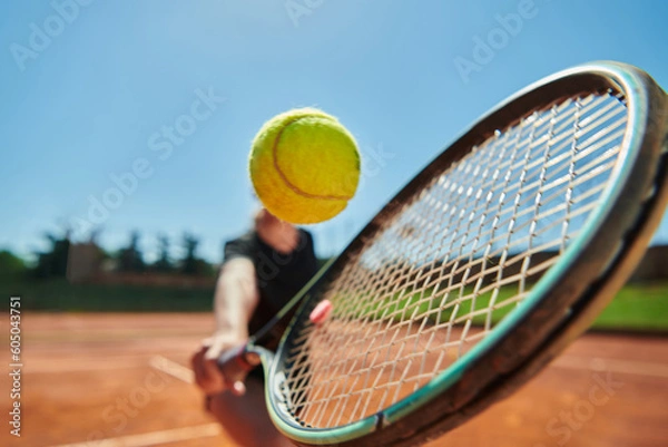 Fototapeta Close up photo of a young girl showing professional tennis skills in a competitive match on a sunny day, surrounded by the modern aesthetics of a tennis court.