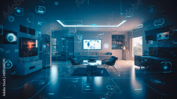 Obraz The concept of the Internet of Things with an image of a smart home, featuring various connected devices and appliances AI