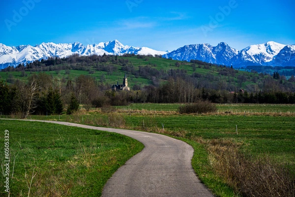 Obraz Panorama Tatr z Giewontem z trasy rowerowej w Chochołowie.  