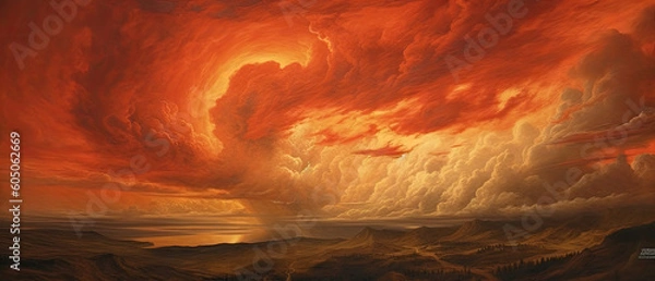 Fototapeta Breathtaking beauty of a fiery sunset over the sea, with vibrant colors and a sky ablaze in a captivating firestorm. Fire explosion in the sky. Illustration created with Generative AI.
