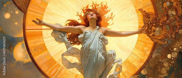 Fototapeta Flamboyant beauty of women adorned with gold and drapery, in Art Nouveau style. Painting exuding an aura of elegance and opulence. Illustration created with Generative AI.