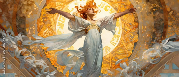 Fototapeta Flamboyant beauty of women adorned with gold and drapery, in Art Nouveau style. Painting exuding an aura of elegance and opulence. Illustration created with Generative AI.