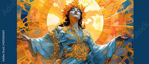 Fototapeta Flamboyant beauty of women adorned with gold and drapery, in Art Nouveau style. Painting exuding an aura of elegance and opulence. Illustration created with Generative AI.