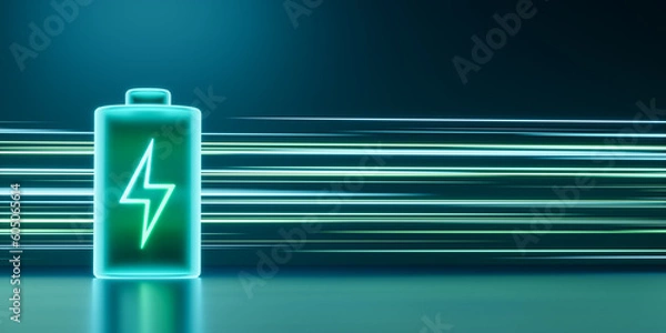 Fototapeta Glowing green power neon futuristic energy storage, high capacity rechargeable lithium ion battery, 3D rendering light trail of future electric vehicle clean energy technology concept.