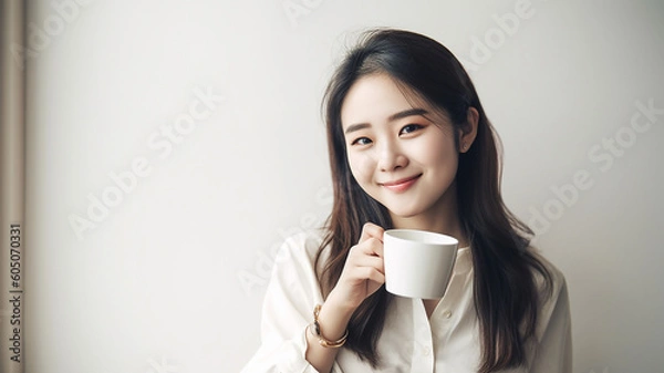 Fototapeta マグカップで朝、家でコーヒー・お茶・白湯を飲むリラックスするアジア人女性（温活）
