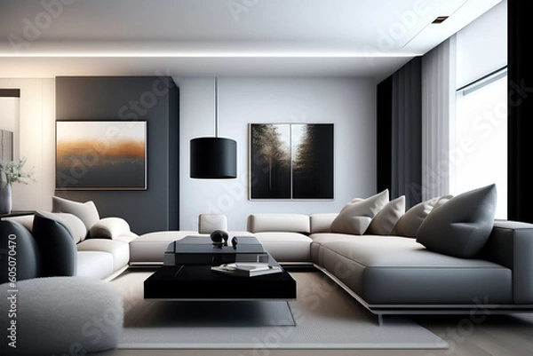 Fototapeta Sala de Estar Lujoso con Muebles de Diseño, Techos Altos y Elegantes Detalles Decorativos. Generada con IA.