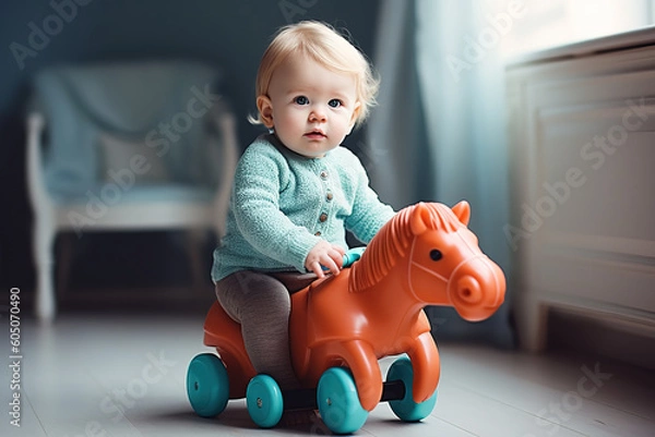 Obraz Baby rides toy rubber horse. Fictional person. Generative AI
