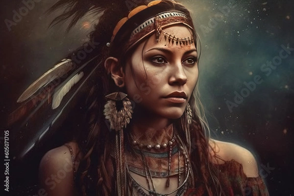 Fototapeta Beautiful art of native american indian woman poster. Fictitious person. An image with a fictional person, not based on real people. Generative AI