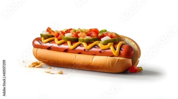 Fototapeta Hot dog with toppings isolated on white background with copy space