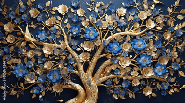 Obraz Elegant gold and royal blue floral tree with seamless leaves and flowers hanging branches illustration background. Generative AI