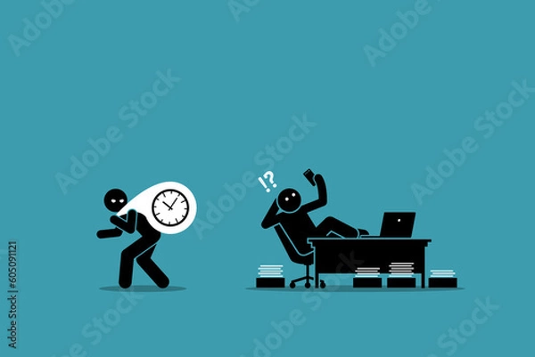 Fototapeta Procrastination is the thief of time. Vector illustrations clip art depicts concept of laziness, wasting time, delay, postpone, lazy, unproductive, and deadline.