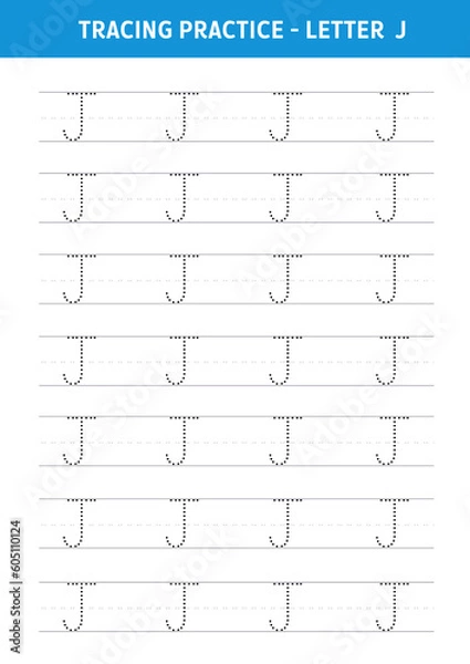 Fototapeta Alphabet Letter J Tracing Worksheet.Alphabet letters tracing worksheet with all alphabet letters.Developing skills of writing.A4 paper ready to print.