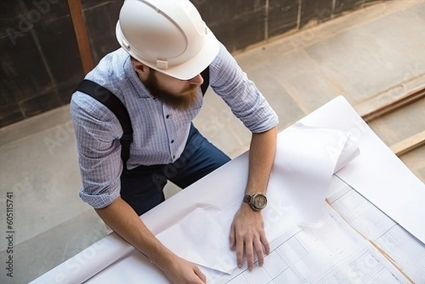 Fototapeta Architect or engineer working on blueprint at office building site. Engineering and architecture concept.