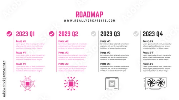 Fototapeta Horizontal quarterly roadmap with milestones and technical clipart on a white background. Timeline infographic template for business presentation.