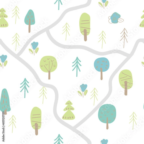 Fototapeta Hand drawn light pattern with trees. Seamless texturewith spring and summer trees, path. White background with a delicate ornament is suitable for fabric, children's clothing, wallpaper, paper.