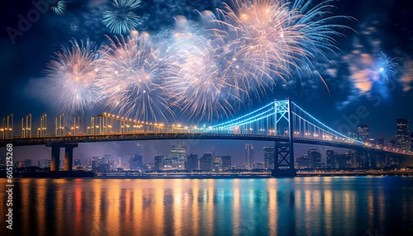 Obraz Tokyo Tower, bathed in celestial light, As midnight fireworks burst, a mesmerizing sight. In the canvas of the night, a symphony unfurls, With hues of light sky-blue and gleaming silver swirls.