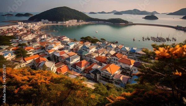 Fototapeta Tondo Tongyeong, where the sea's whispers prevail, White and orange tiffin roofs, a vibrant tale. Captivating harbor views, a sight to inhale, Gray and azure blend, a tranquil trail.