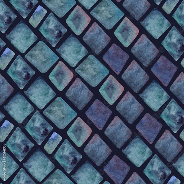 Fototapeta Watercolor seamless hand drawn geometric pattern with colorful rhombuses alike brickwork in blue shades