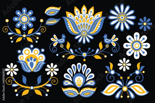Fototapeta Set of Flowers Inspired by Ukrainian Traditional Embroidery. Ethnic Floral Motif, Handmade Craft Art. Traditional Ukrainian Yellow and Blue Embroidery. Single Design Elements. Vector Illustration