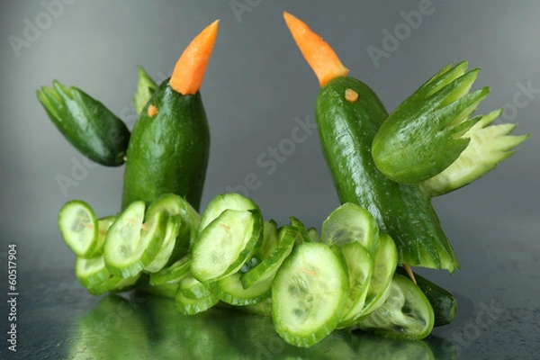 Fototapeta Carving vegetable pattern of hummingbirds on grey background