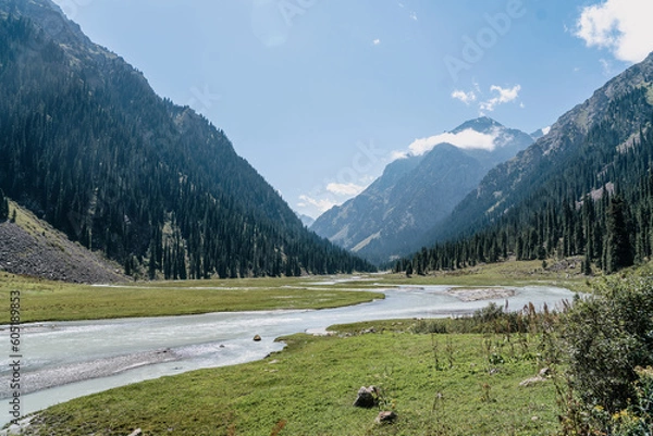 Fototapeta hiking in kyrgyzstan, the mountains Tian Shan, view with the river and mointains