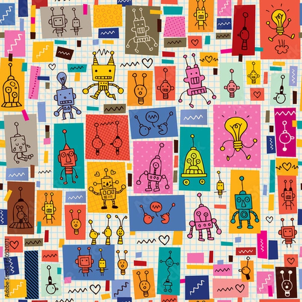 Obraz cute robots collage cartoon retro doodle pattern