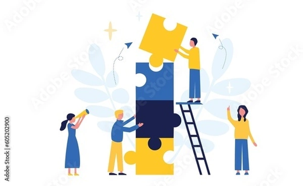 Fototapeta Business concept. Team metaphor. People connect puzzle elements. Flat illustration in flat design style. Teamwork, collaboration, partnership. Businessmen working together and moving towards success.