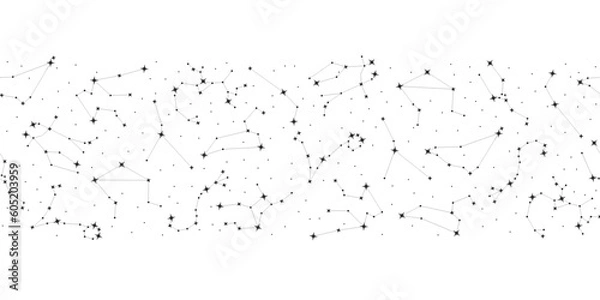 Fototapeta Seamless pattern of twelve zodiac signs of connected stars. Trendy astrology seamless pattern. Constellations repeating print for packaging, cover, wrapping paper horizontal vector illustration