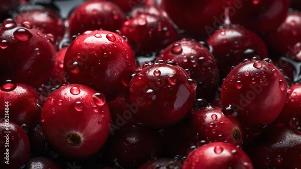 Fototapeta Fresh ripe cranberries with water drops background. Berries backdrop. Generative AI