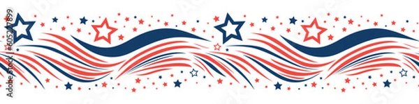 Obraz Patriotic seamless border. Red and blue stripes with stars for American holiday. Blue and red abstract waves. Vector illustration. Isolated on white background.