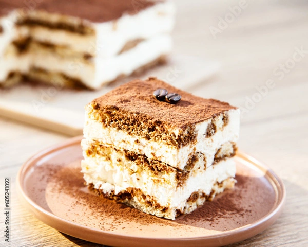 Fototapeta Tiramisu Cake, made from ladyfinger brushed with espresso and filled with creamy mascarpone cream
