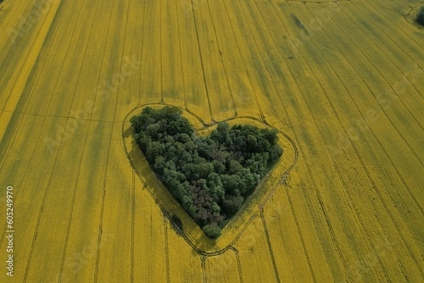 Fototapeta Heart shape in a rapeseed field seen from a drone