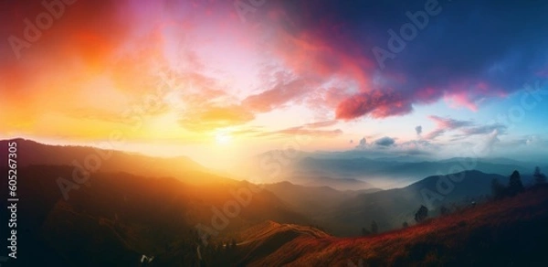 Fototapeta Amazing panorama mountain with Colorful sky and Dramatic Sunset, Generative AI
