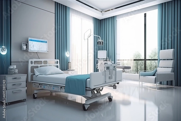 Fototapeta A hospital room with a bed and a monitor created with Generative AI technology