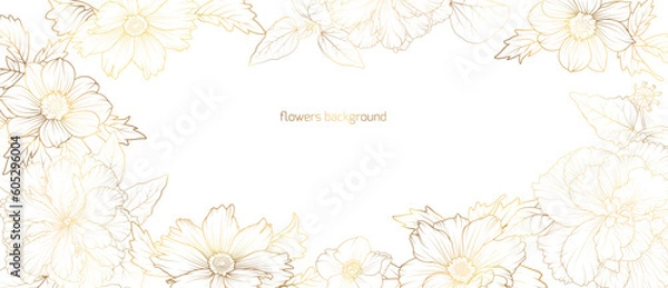 Fototapeta Floral border frame card template. Hibiscus, cosmos flowers. Vector design illustration. for bunner, wedding card, invitation. Golden gradient on white background. Rectangle corners sides decoration.