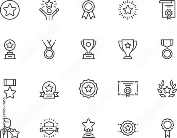 Fototapeta Set of Vector Line Icons Related to Award. Reward, Winner's Medal, Victory Cup, Trophy Prize. Editable Stroke. Pixel Perfect.